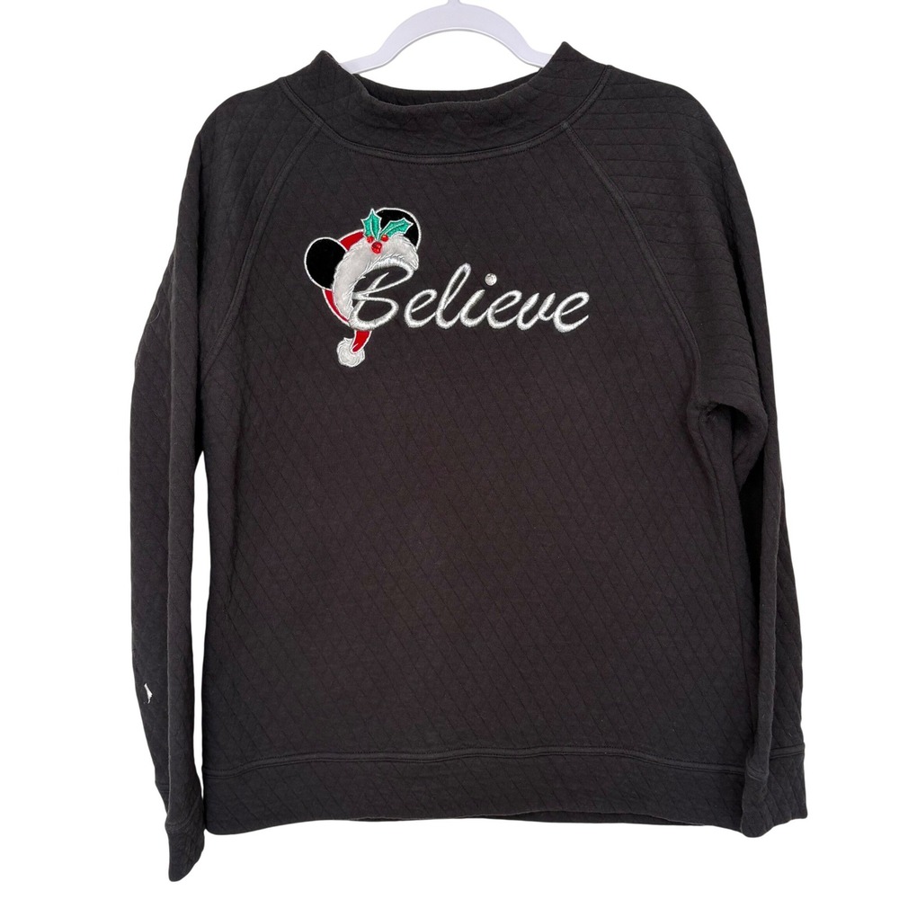 Disney Parks Believe Quilted Sweatshirt L Black Christmas Santa Mickey Cozy